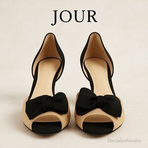 Jour Women’s Peep Toe Bow D’Orsay Leather Pumps Beige Black Size 7.5M EU 38 Made